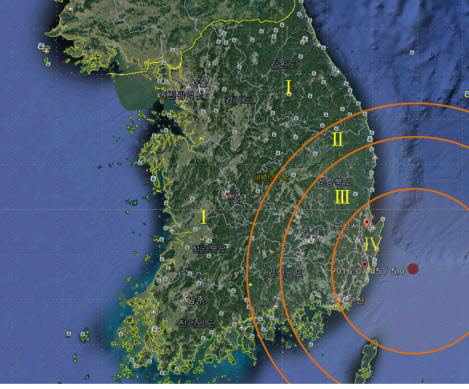 울산 동쪽 해상에서 규모 5.0 지진      (서울=연합뉴스) 5일 오후 8시 33분께 울산 동구 동쪽 52㎞ 해상에서 규모 5.0의 지진이 발생했다. 이 지진으로 부산, 경남, 경북과 광주 일대까지 지진동이 감지됐다. 사진은  지진발생 위치 및 진도 분포도.     2016.7.5    [기상청 제공=연합뉴스]      seephoto@yna.co.kr  (끝)